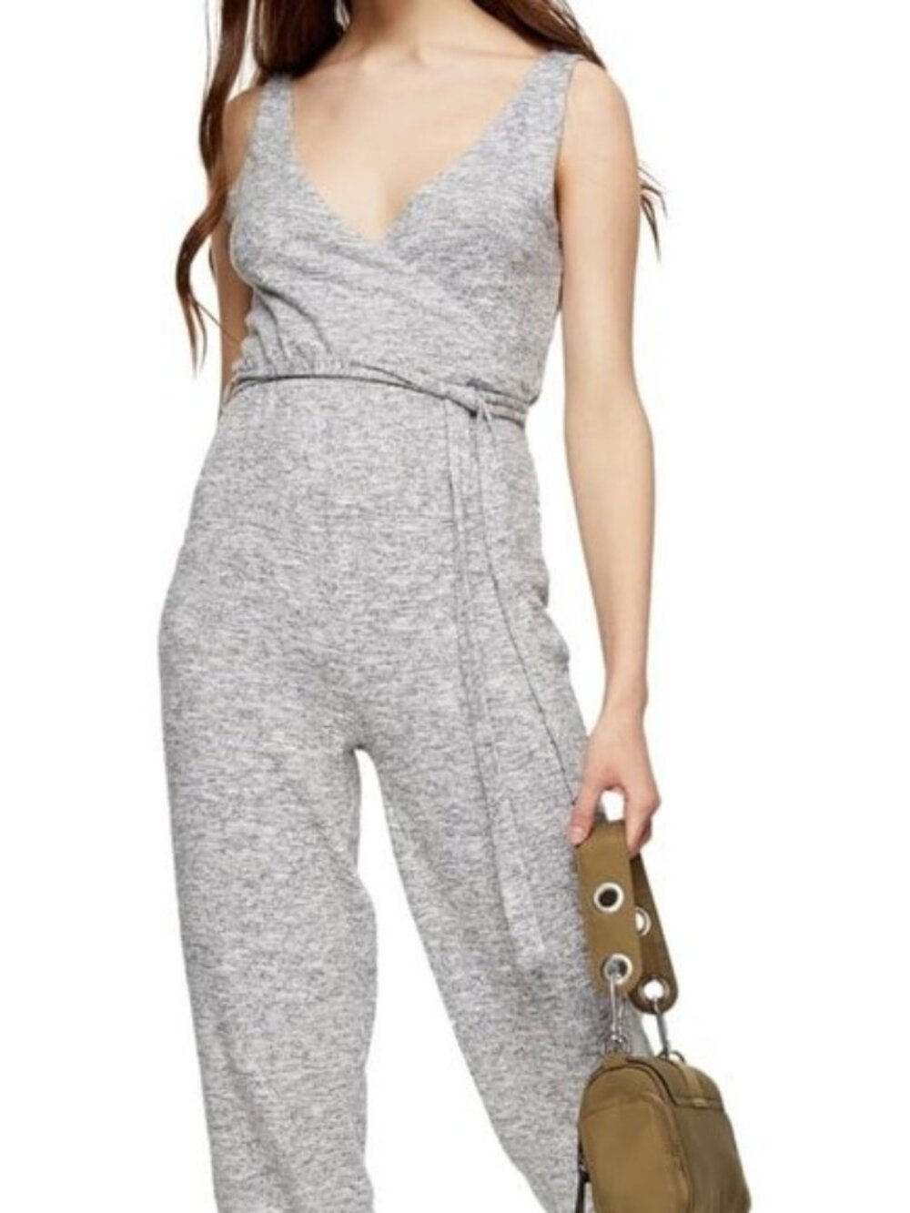 Topshop Women's Heather Gray Sleeveless V-Neck Knit Jumpsuit Jogger Cuffs NWT